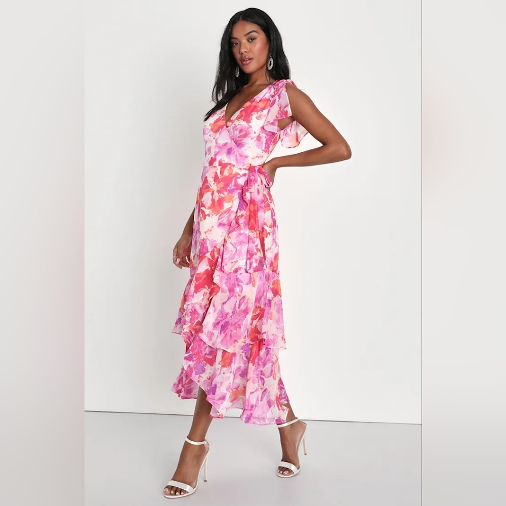 Lulu's Lovable Aura Pink Floral Print Tiered Midi Wrap Dress NWOT